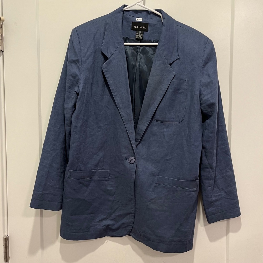 Paul Harris Blue Linen Blend Single Button Blazer Jacket Womens Small